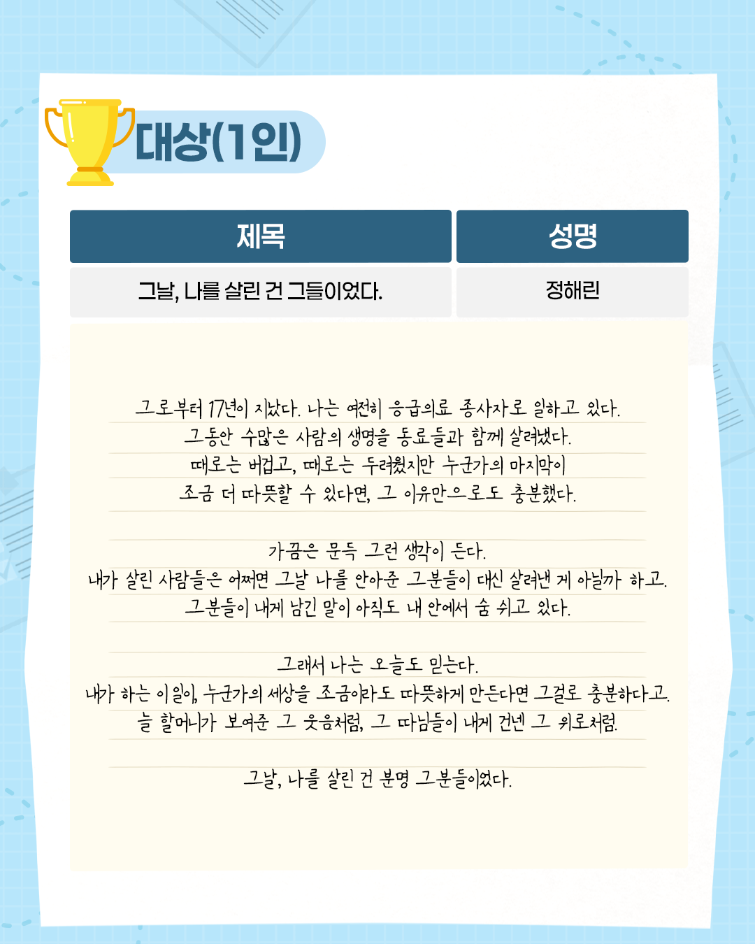 대상(1인). 제목. 성명. 그날, 나를 살린 건 그들이었다. 정해린.