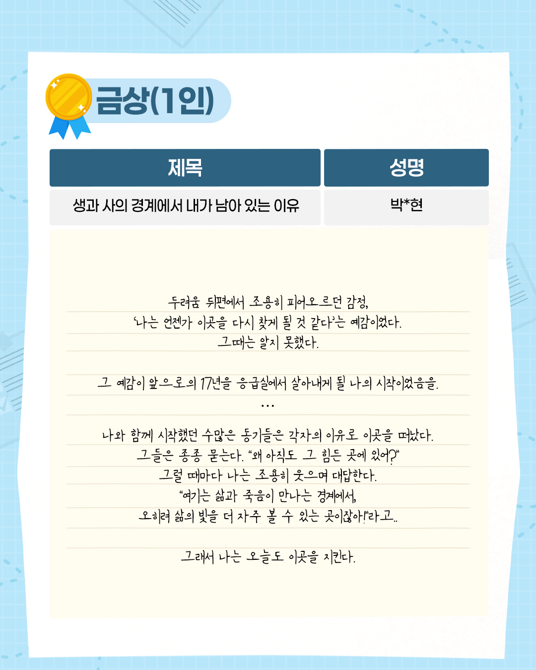 금상(1인). 제목. 성명. 생과 사의 경계에서 내가 남아 있는 이유. 박*현.