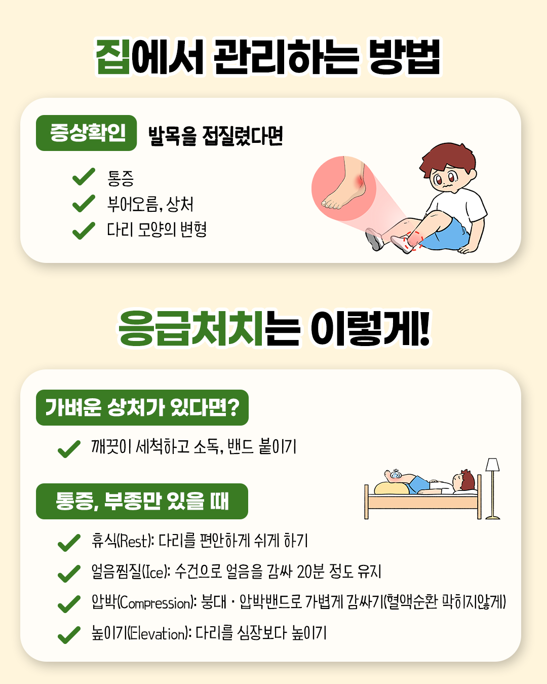 집에서 관리하는 방법! 증상확인 - 발목을 접질렸다면? 통증/부어오름,상처/다리모양의 변형 응급처치는 이렇게! 가벼운 상처가 있다면? 깨끗이 세척하고 소독, 밴드 붙이기 통증, 부종만 있을 때 - 휴식: 다리를 편안하게 쉬게 하기 / 얼음찜질:수건으로 얼음을 감싸 20분정도 유지 / 압박: 붕대.압박밴드로 가볍게 감싸기(혈액순환 막히지않게) / 높이기: 다리를 심장보다 높이기